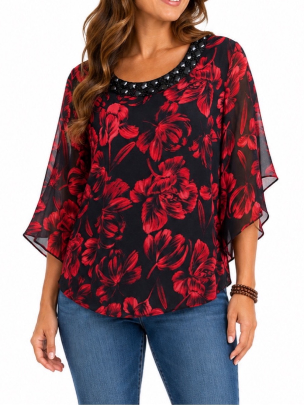 Roz & Ali women's top with a red and black floral pattern, 3/4 flared sleeves